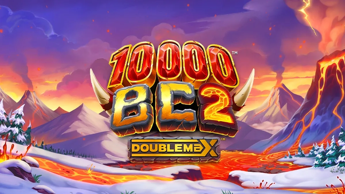 Tampilan visual slot 10000 BC DoubleMax 2 dengan tema zaman es dan gunung berapi